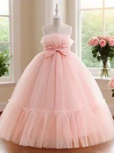 Girl's Bow Front Sheer Ruffle Hem Fit and Flare Dress, Elegant Sleeveless Round Neck Maxi Princess Seraphina Dress for Party Wedding Guest, Kids Clothes for All Seasons