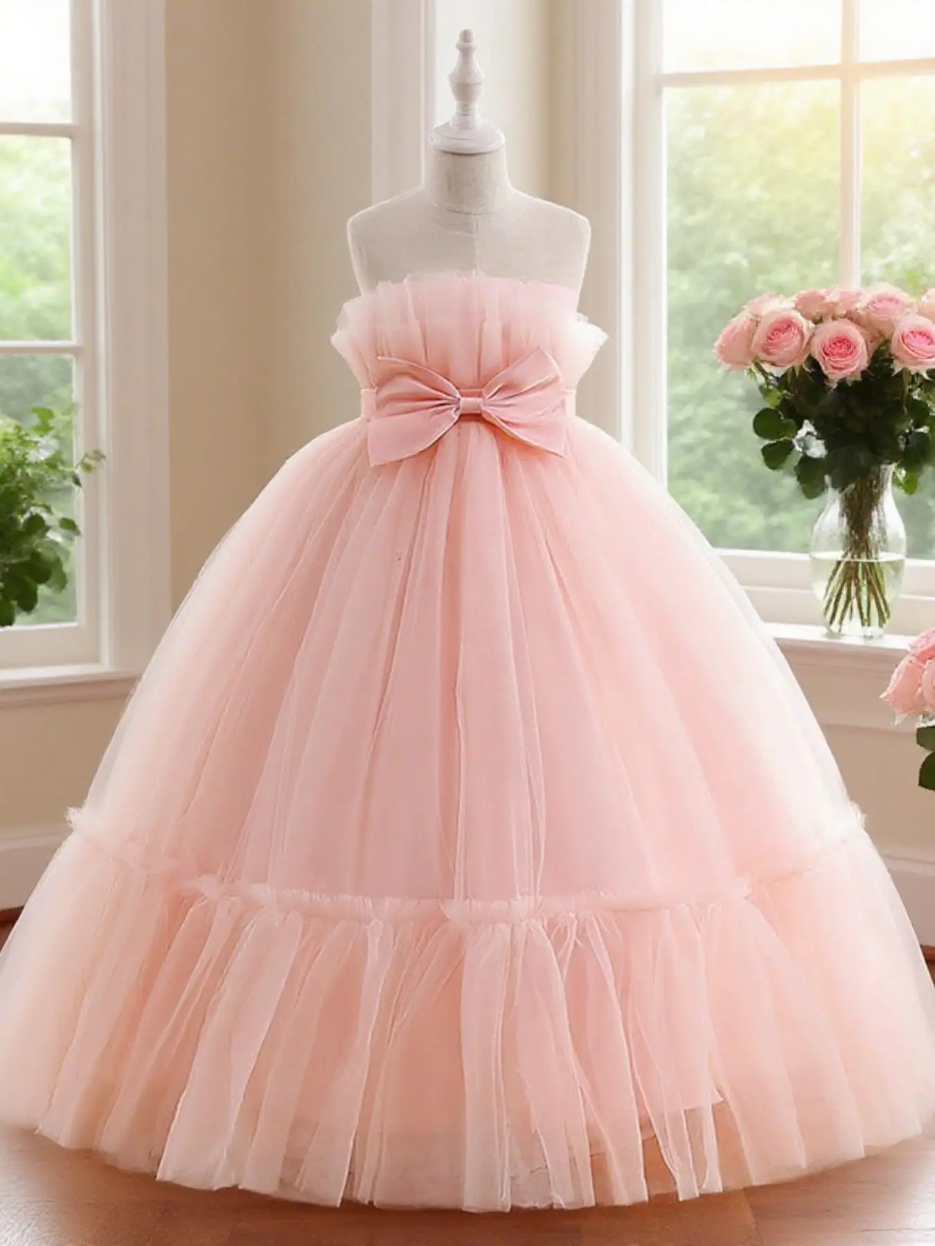 Girl's Bow Front Sheer Ruffle Hem Fit and Flare Dress, Elegant Sleeveless Round Neck Maxi Dress for Party Wedding Guest, Kids Clothes for All Seasons