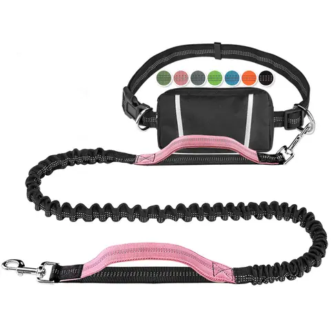 Hands Free Dog Leash for Running Walking Training Hiking, Dual-Handle Reflective Bungee, Poop Bag Dispenser Pouch, Adjustable Waist Belt, Shock Absorbing, Ideal for Medium to Large Dogs (Black W Pink)