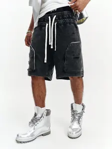 American High Street Vintage cargo shorts, Zipper Large Pockets, Multiple Drawstrings, Washed Charcoal, Trendy, Cool and Casual Style