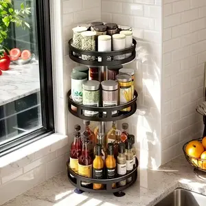 3-Tier Spice Rack Organizer for Cabinet |Rotates 360  Degrees & Holder That Saves Space|Countertop & Pantry Spice Shelf  for Kitchen Spices, Tableware on Your Desk, Or Cosmetics in The BathroomOrganization & Storage (Black)