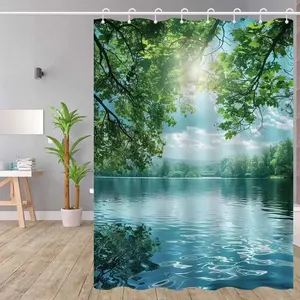1pc High-End Elegant Printed Design Curtain, Healing Little Fresh Lake Scenery Pattern Shower Curtain for Bathroom Decoration, Printed Design Curtains
