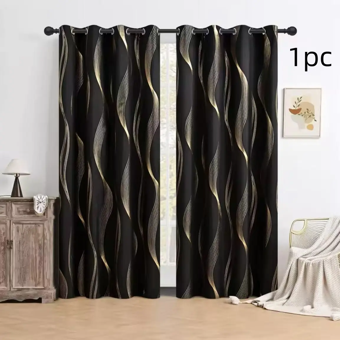 1pc Wave Foil Print Blackout Curtain, Elegant Bedroom Insulation Shade, Single Piece Light Blocking Drapery for Stylish Room Decor, Home Decoration Curtain, Blackout Window Cover