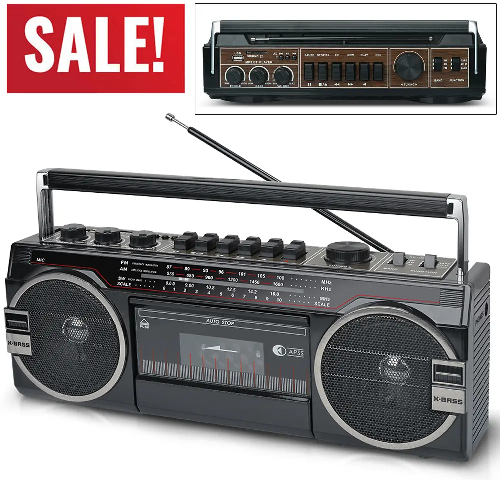 Classic Bluetooth Boombox Radio Cassette Player Recorder AM FM SW Radio Dual 3" Speakers Stereo With Built-in Microphone