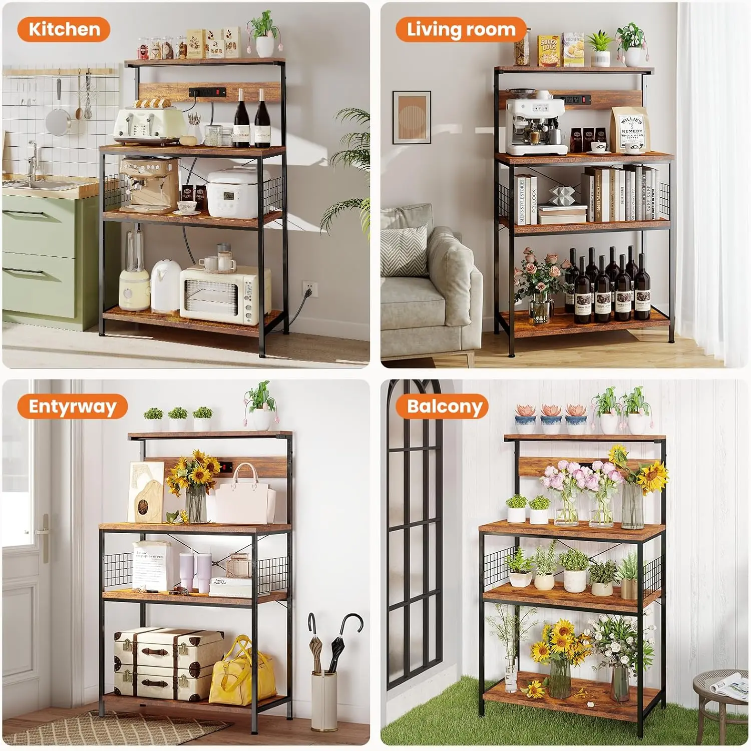 Kitchen Bakers Rack 4 Tier Coffee Bar Table With Power Outlet, 32 Inch Adjustable Storage Shelf Freestanding Microwave Stand