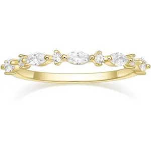 14K Gold Plated Wedding Band for Women Thin Stacking Ring Half Cubic Zirconia Eternity Engagement Ring Size 4-10