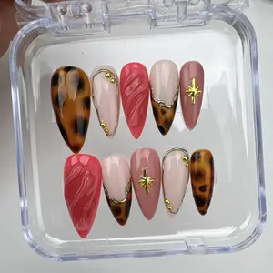 Tortoiseshell Press On Nails | Nude Coral Gold Accent Stiletto Nails | Trendy Handmade Gel Nail Set