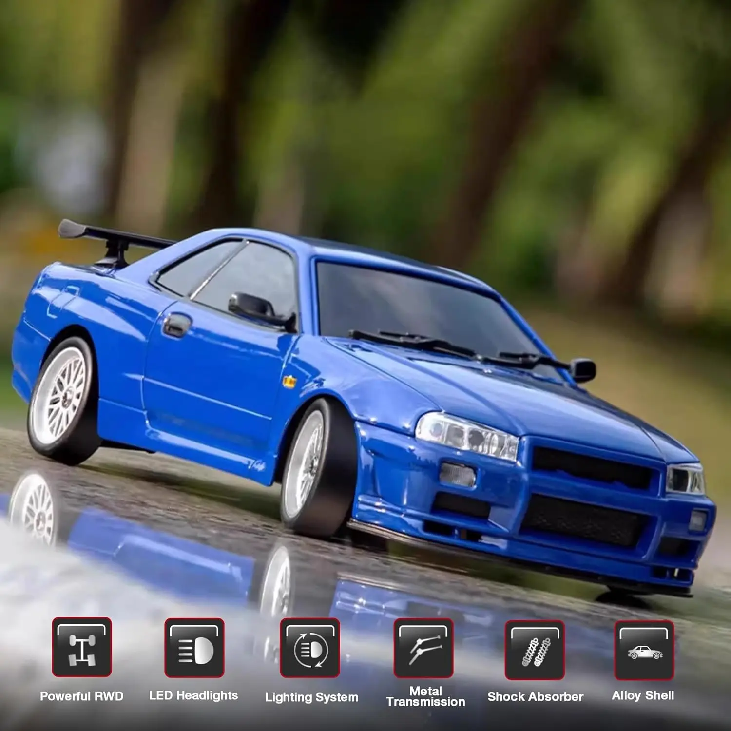 ARRIS 1/18 RC Drift Car GTR R34 2.4GHz RWD with Gyro Alloy Body – Blue Rc Model Car Rc Controlled