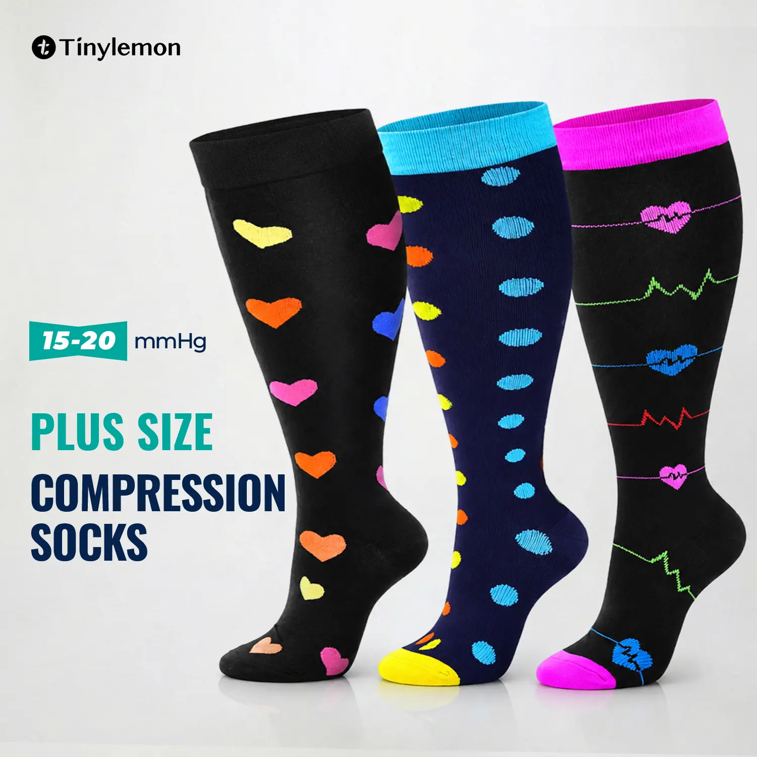 Tinylemon 3 Pairs Plus Size Wide Calf Compression Stockings (15-20 mmHg) for Unisex Adults, Nylon Black Heart Print, 3XL, Machine Washable, All Seasons, Black Grey Navy Solid Mix (Travel, Standing Use)