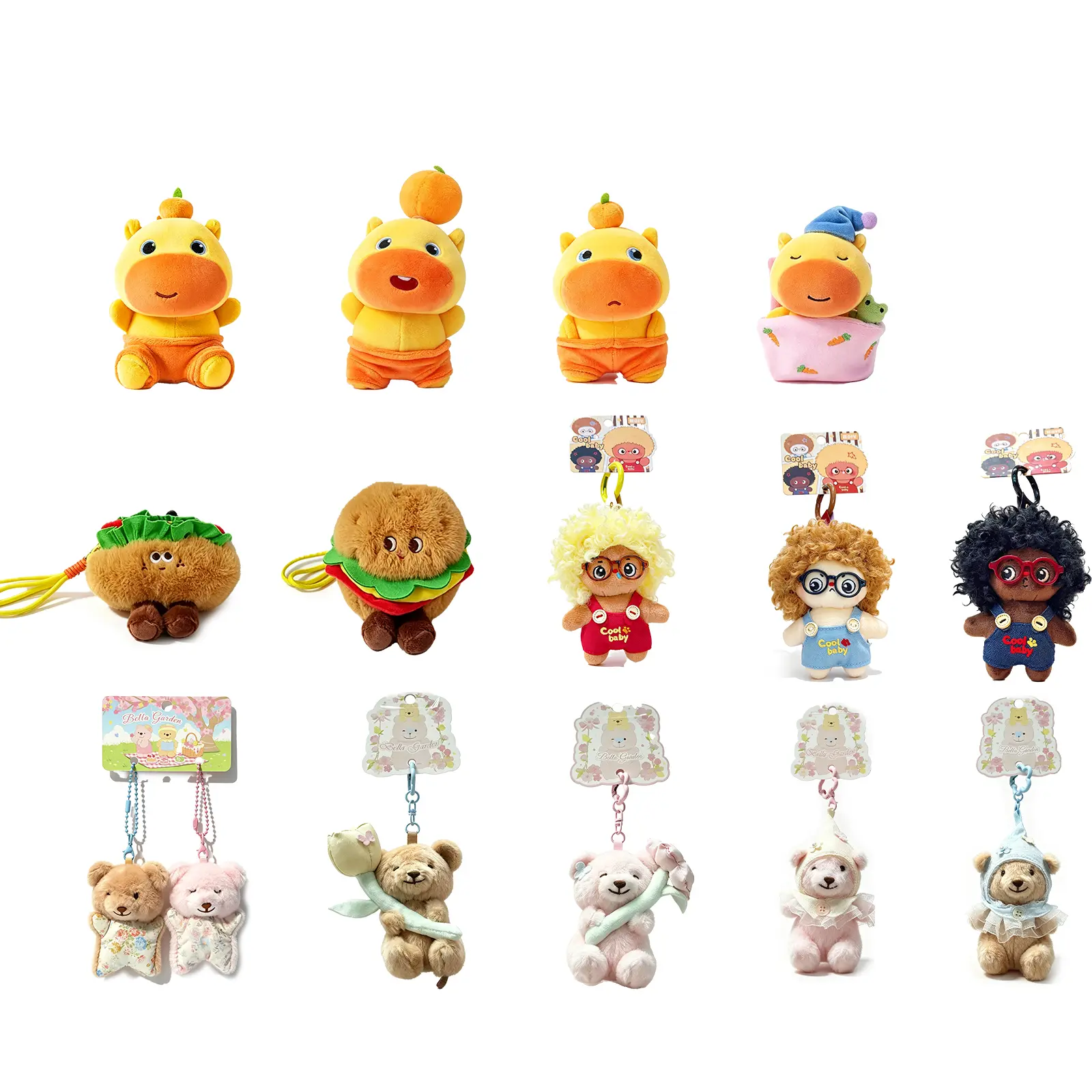 14Pcs Multi-Styles Kawaii Plush Keychain Set, Cute Capybara Burger Curly Hair Doll Mini Bear Stuffed Bag Charm, Soft Animal Plush Pendant Key Ring for Backpack Handbag Car Keys, Birthday Christmas Gift for Girls Women