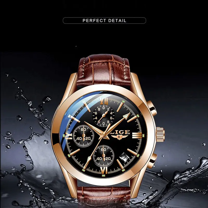 LIGE Men's Classic Analog Quartz Chronograph Watch - Business Fashion, Multifunctional, Waterproof, Round Face, PU Leather & Cow Hide Wristwatch, Waterproof Wristwatch