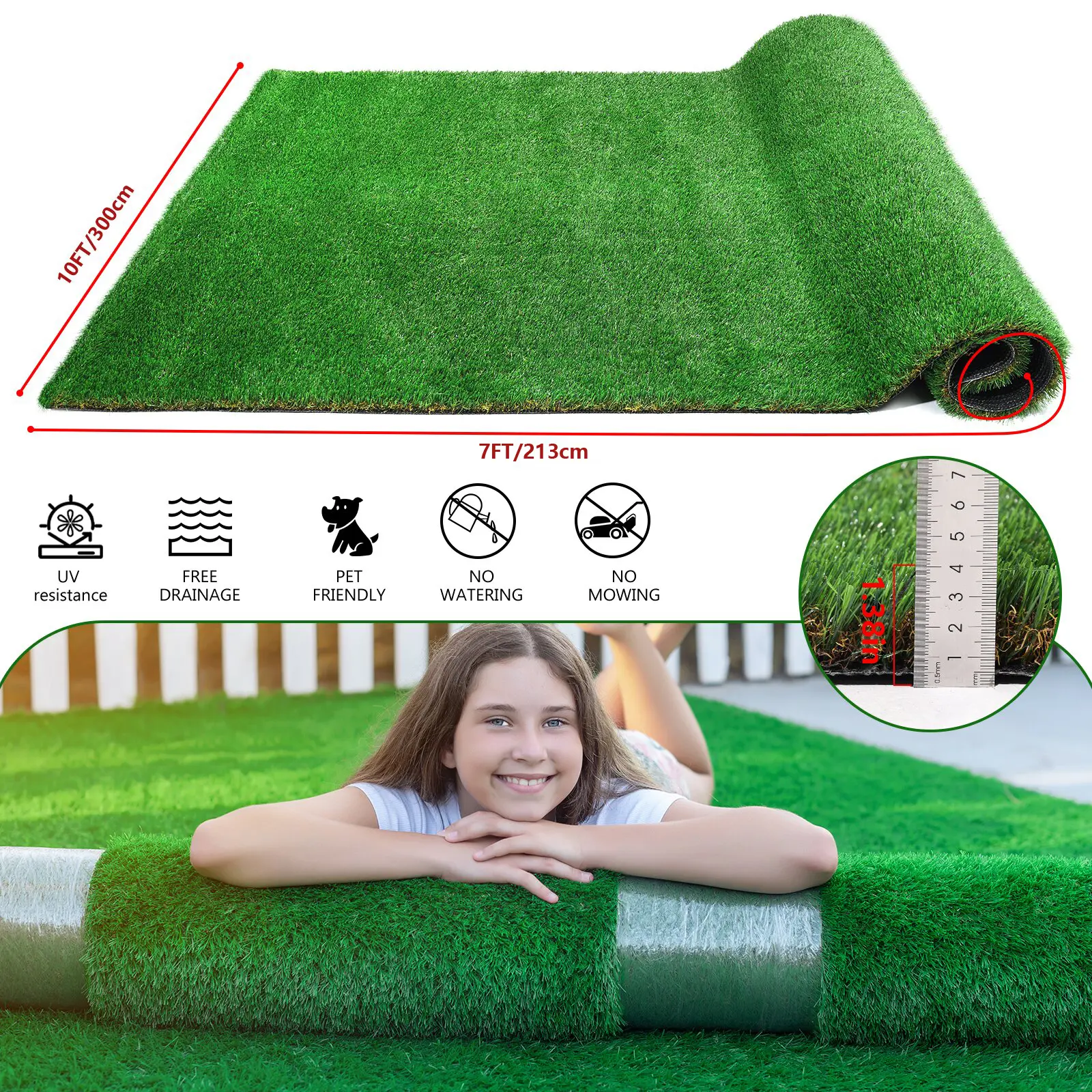 Artificial Grass Runner 7x10 ft, Thick 1.38" Pile Synthetic Turf with a Natural Look, Large Waterproof PE&PP Mat for Patios, Gardens, and Pet Areas, Gym, Balcony, Drain Mat, Durable And Not Easy To Tear