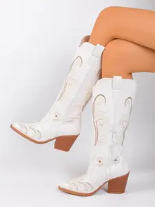Embroidered Western Cowboy Boots for Women, Wedding Western Style Pointed Toe Thick Heel Mid-Calf Boots, Vintage V-Neck Western Boots, Classic, Footwear