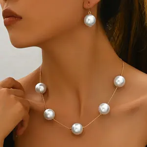 ​Elegant Lxalry Pearl Necklace and Earring Set | 5 High-Quality 10-12mm Round Shell-Based Pearls with Gold Chain | Perfect for Weddings and Banquets