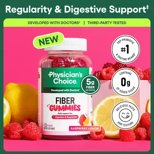 Physician’s Choice Fiber Gummies for Digestive Health & Regularity - Raspberry Lemon Flavor - No Sugar Added & Vegan - Daily Gummy for Adults