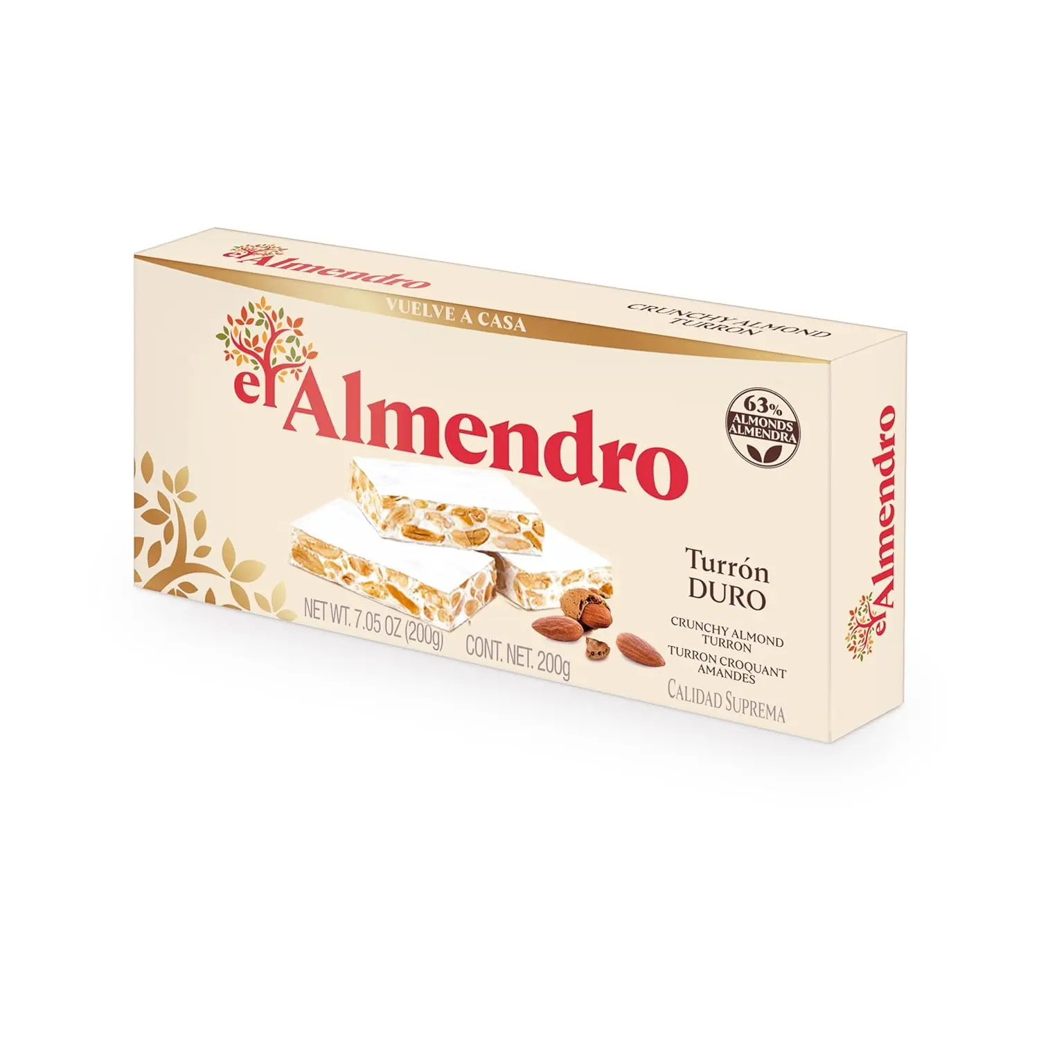 El Almendro Turrones, Turron Duro Nougat Candy, Crunchy Almond Torrone From Spain, Traditional Spanish Brittle, Dessert, Gluten Free, 1 Box, 7oz.