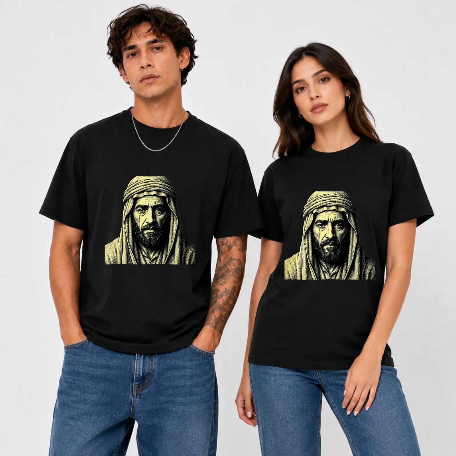 CARPESUN Women's Short-Sleeve Round Neck T-Shirt, Arabic Sheikh Portrait Print Soft Cotton Blend Unisex Casual Streetwear Top, Single Pack