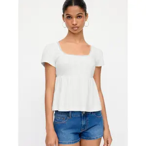 Cider Scoop Neck Babydoll Lace Trim Peplum Short Sleeve Top Shirts Womenswear SwimWeek