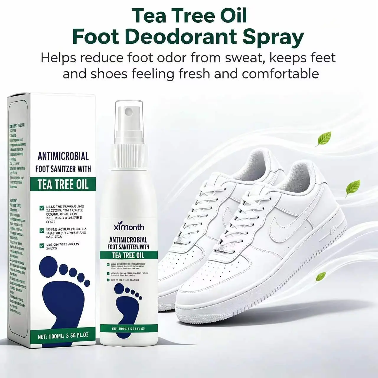 Tea Tree Oil Foot Spray - Plantar Moisturizing Deodorant for Odor Control & Dry Feet Care, Natural Foot Sanitizer with Antifungal Properties,Ximonth Clear Foot Sanitizer Spray,for Foot & Shoe Freshness deodorize nail long-lasting antibacterial