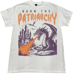 Vintage 90s style "Burning Patriarchy" dragon pattern feminist protest fun graphic T-shirt, fun animal pattern T-shirt, gift shirt, comfortable cotton crew neck top, basic casual streetwear, unisex