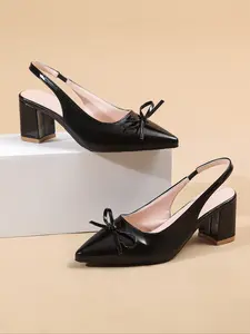 Women's Fashion Pointed Toe Butterfly Knot PU Leather Rubber Chunky Heel Shoes, Perfect for Commuting, Parties, Weddings & Dates