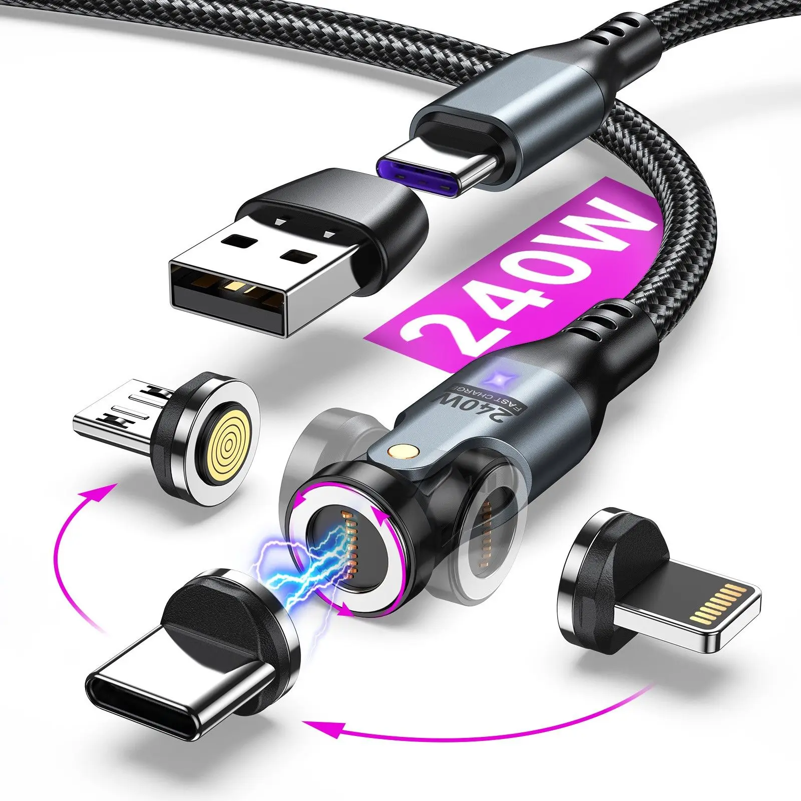 AUFU 240W PD Magnetic USB-C Charging Cable - 3.3ft/6ft, 360°-180° Rotation, 3-in-1 Type C/Micro/LED Tips, Shell Design for iPhone 16/15, iPad, MacBook, Smartphone Fast Charging, Cellphone, Electronic