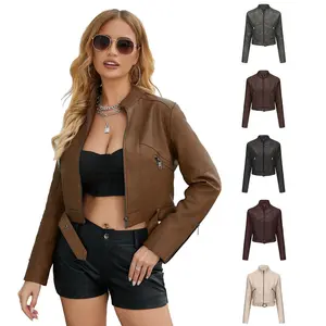Women's BIGWIG Leather Motorcycle Coat - Long-Sleeve Outerwear, Short-Style Womenswear Top, Zipper Closure, Casual Slim Fit, Pockets, Belt, Suitable for Spring & Autumn