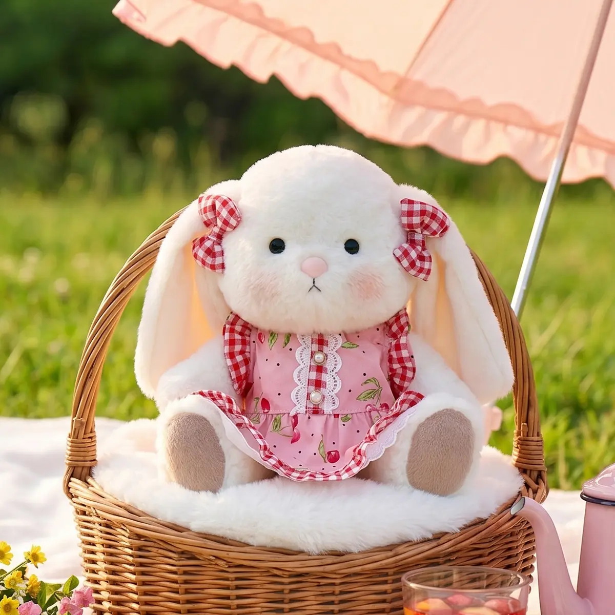 Getahug Designer Pink Cherry Dress Jointed Bunny Plush - Kawaii Aesthetic Fluffy Fabric Stuffed Toy, Handmade Polyester Cartoon Rabbit/Bunny Macaron Stuffed Toy, Gift for Any Ages