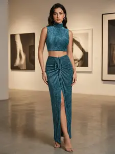 Stylish Black Velvet Ruched Dress | Sleeveless Halter Neck Dress with Side Slit | Elegant Fashion for Evening & Party Wear