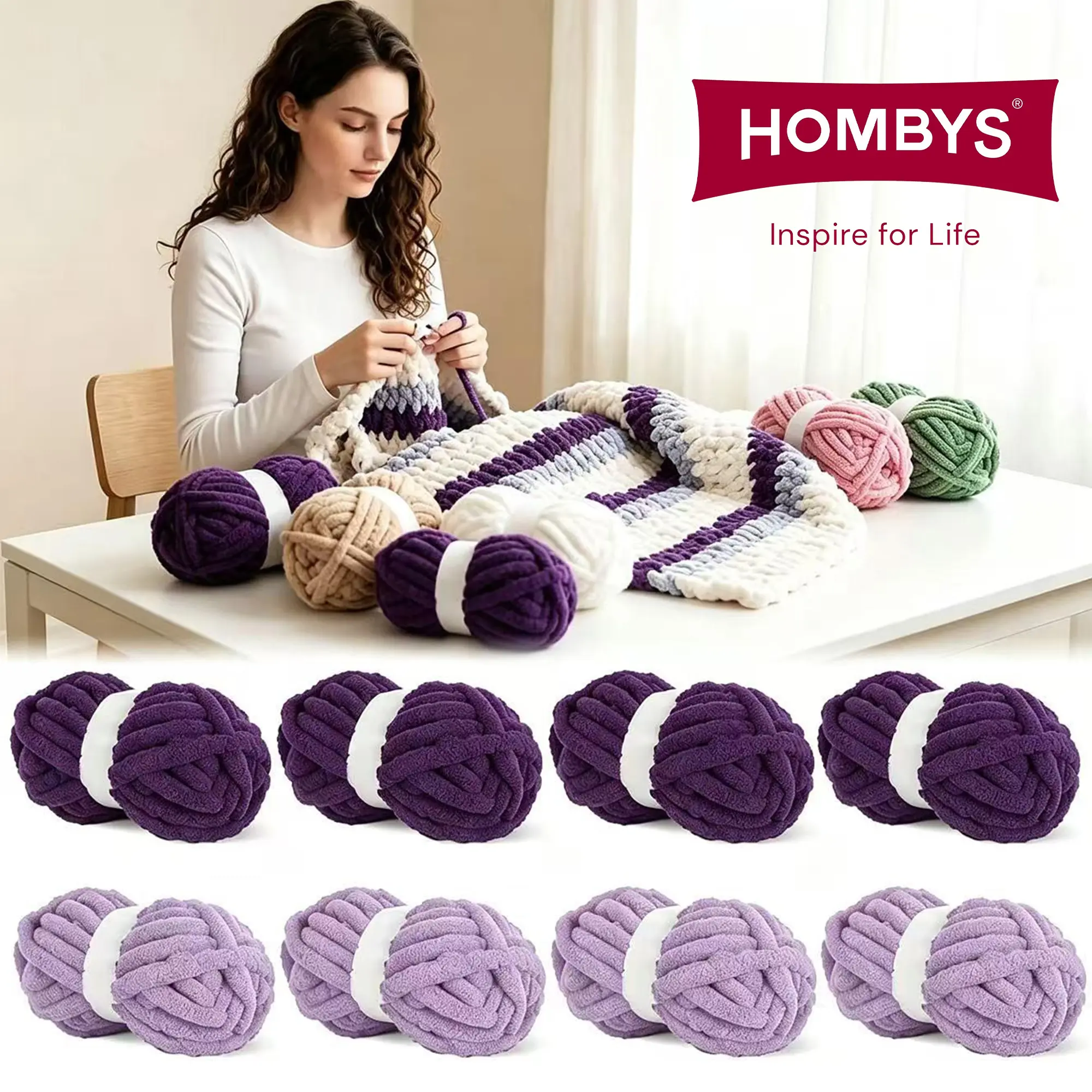 HOMBYS Chunky Chenille Yarn Set for hand knitting- Super Soft Jumbo Yarn for Crochet, Ideal for Rugs, Scarves, Blankets & DIY Crafts-Extra Soft Bulky Fluffy (27yds,8 oz Each Skein)