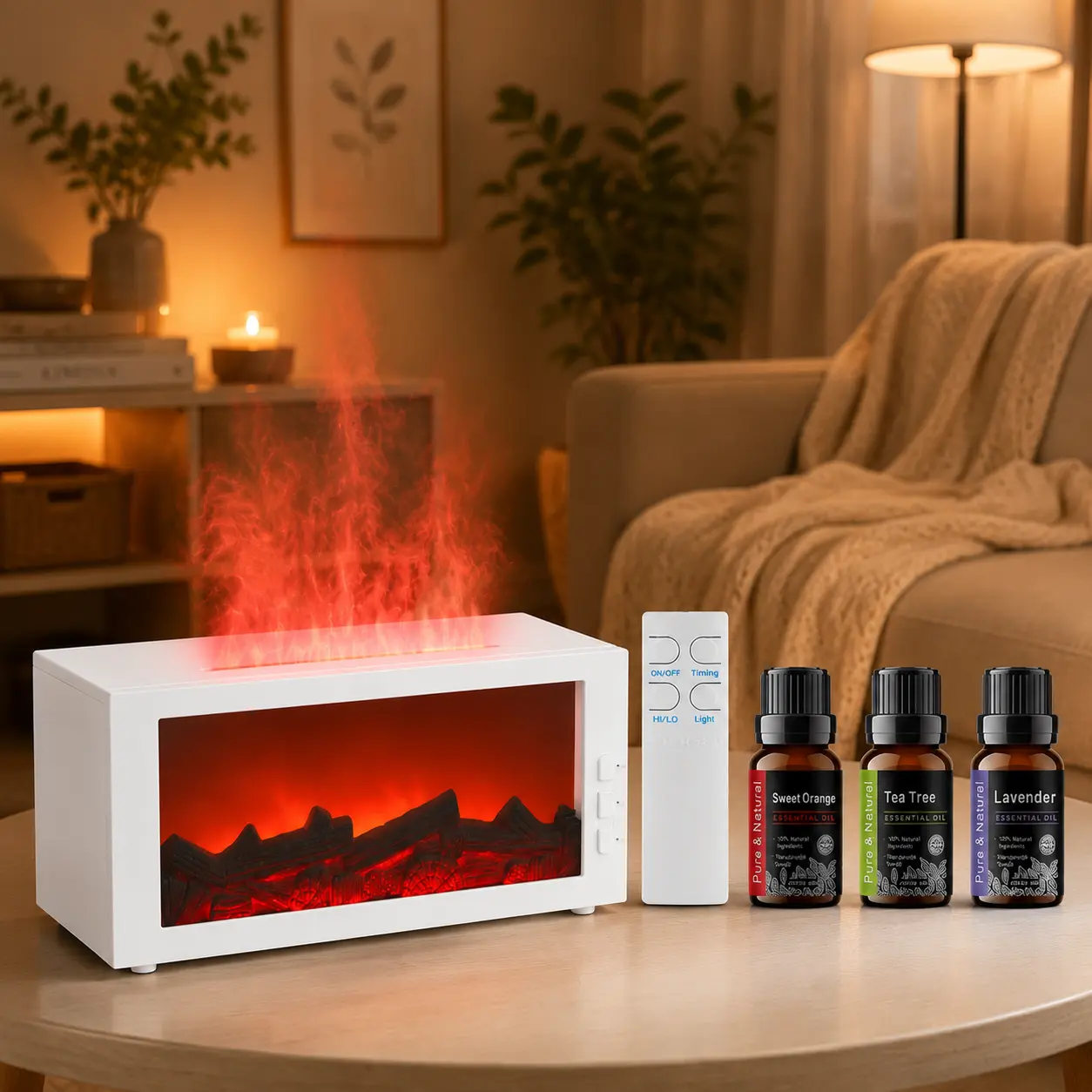 300ml Safe Automatic Fireplace Essential Oil Diffuser | Auto Shut-Off, Timer & Remote Control Colorful Flame LED Humidifier