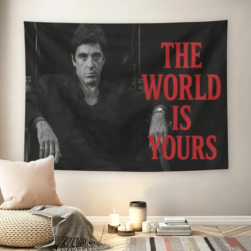 Scarface The World Is Yours Wall Flag, Classic Movie Print, Mid-century Modern Black Flash Manga Style, 80s Gangster Film Decor For Adult Fans, Y2K Dark Academia, Man Cave, Bedroom Tapestry