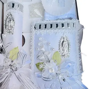 5pcs Baptism Candle Set with 8”Candle, Rosary, New Testament & Decorative Elements in Box for Boys and Girls English & Spanish white