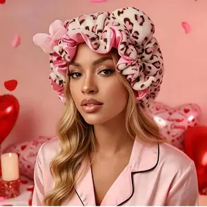 Leopard Print Plush Sleep Cap, Satin Lined Adjustable Bonnet Hair Care Headwear for Women