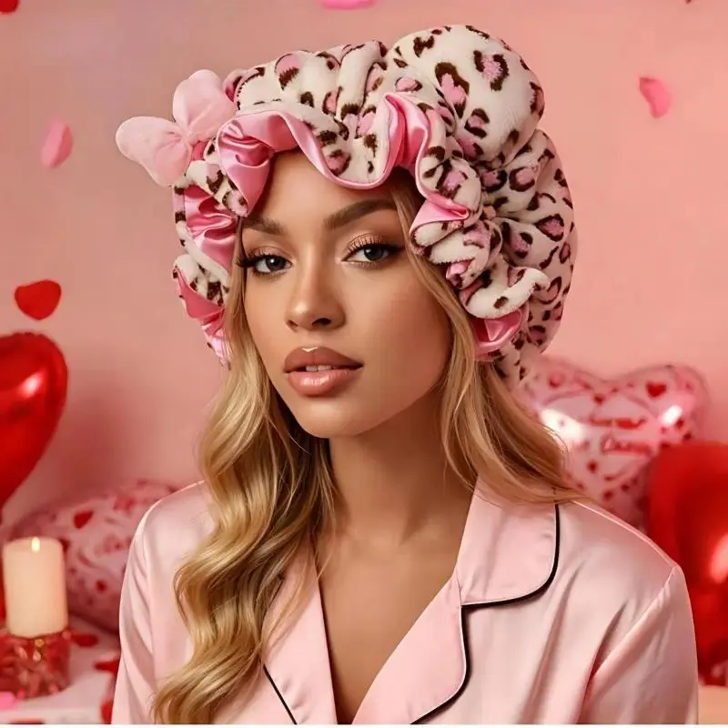 Women's Leopard Print Plush Sleep Cap - Satin-Lined, Elastic, Smooth, Adjustable-Fit Heatless Haircare Headwear for Daily Use