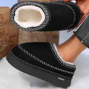 Women's Fuzzy Lined Platform Slippers Suede Winter Warm Shoes Indoor Outdoor Clogs with Embroidered Detail
