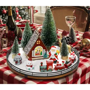 AMH 12 PCS Christmas Table Decorations Set with Oak Rotating Base – Xmas Town Village Centerpiece with Santa, Train, House, Trees & Figurines, Tabletop Decorations for Holiday Dining & Coffee Tables
