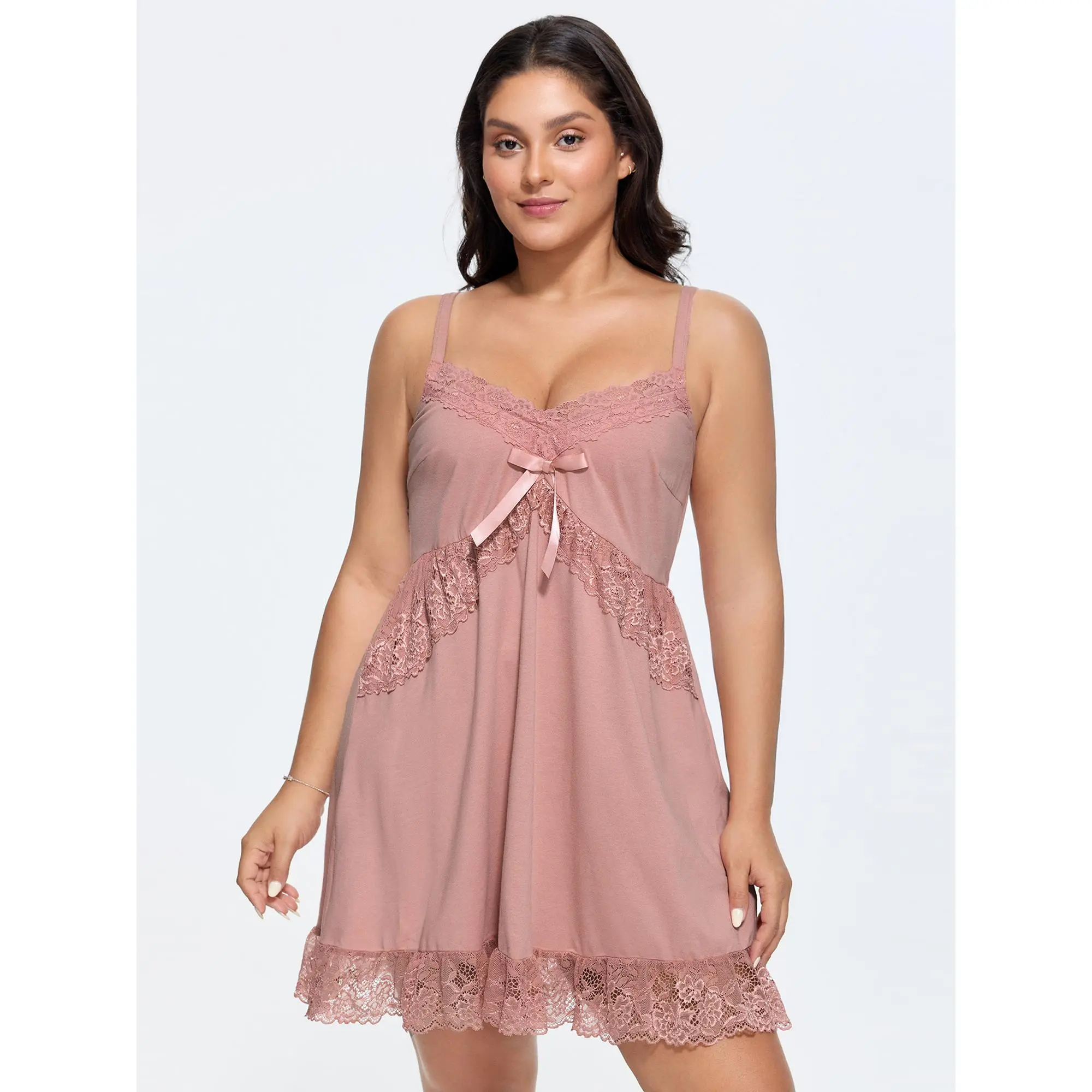 Women's Comfy Cable Knit Midi Nightgown - Casual Poly-Cotton-Spandex Loungewear with Ruffled Lace Hem, Bow Detail, Breathable Solid Fabric, Plus Sizes, Minimalist Soft Aesthetic, Flattering Fit, Hand Wash Only for Summer, Sleeveless