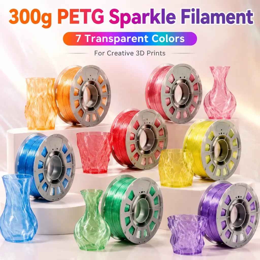 FUNTOO 7 Color Sparkle Transparent PETG Filament, 7 Different Crystal Colors  (0.66lbs) 1.75mm for Gloss Finished 3D Print Vase & Craft Models smooth printing green purple blue high speed printing multi-color high-quality material printer bundle fdm