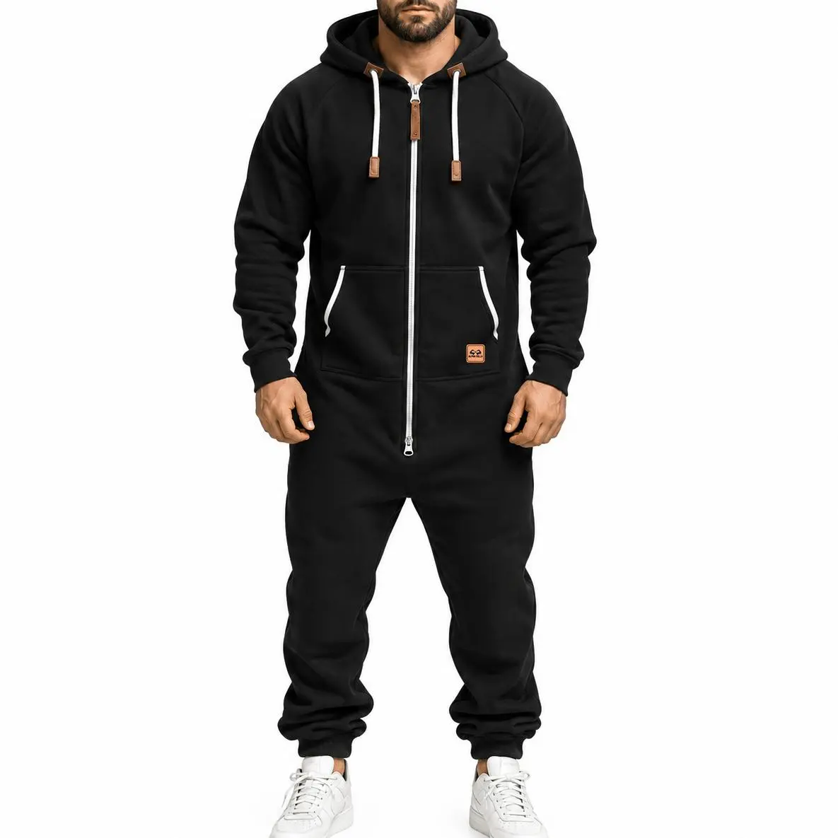 Men’s Fall/Winter Hooded Fleece-Lined Cargo Jumpsuit, Multi-Pocket Full-Zip One-Piece Workwear, Relaxed Fit Functional Streetwear Outfit With Long Cuffed Pants For Outdoor Activities, Daily Wear And Travel
