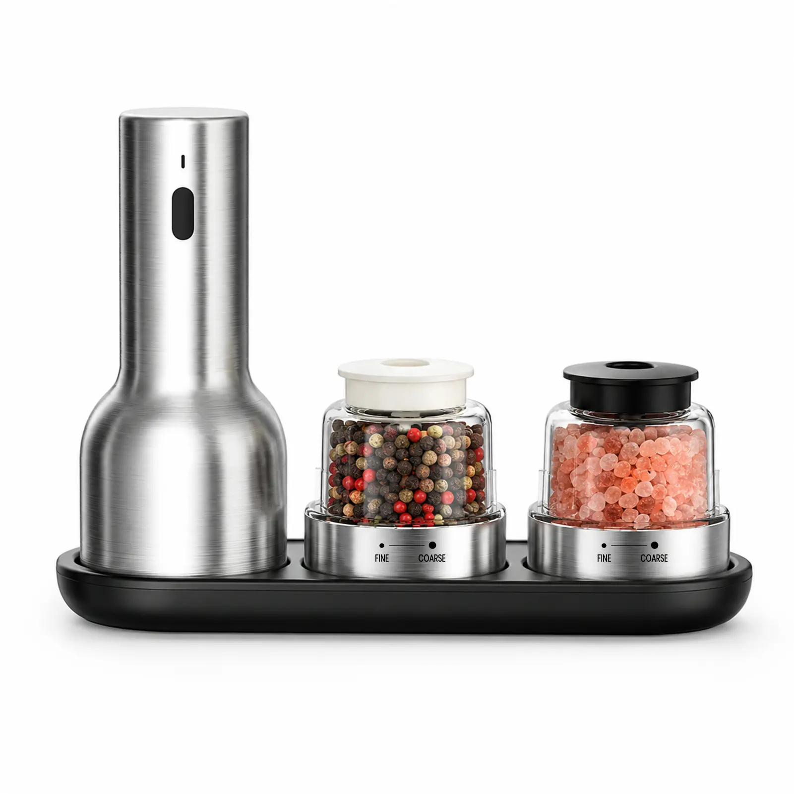 ODIFORGO Rechargeable Electric Spice Grinder with Stainless Steel Design, Adjustable Coarseness, Dual Chambers for Pepper and Sea Salt, Modern Seasoning Organizer Containers for Kitchen Cooking and Gift Use
