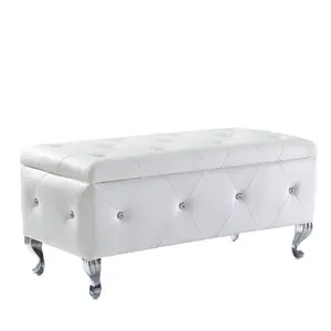 Storage Bench Upholstered Ottoman Bench For Bedroom End Of Bed Faux Leather Rectangular Storage Benches Footrest With Crystal Buttons For Living Room Entryway (White) Stool Furniture