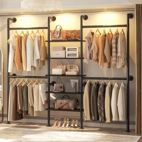77in Industrial Pipe Clothes Rack with 5-Tier Shelves - Reversible, Hangable DIY Kit, Adjustable Organizer for Clothes Storage, Corner Closet Storage Organization Furniture
