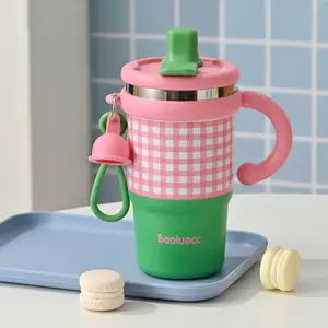 Stainless Steel Plaid Durable Insulated Cup, Portable Travel Mug with Bell Charm, Cute Round Handle, Perfect for Students and Trendy Accessories