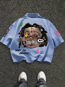 Men's Spring Summer New Short Gingham Fashion Casual Shirt, Colorblock Print, Loose-Fitting, Short Sleeve, Daily Wear, Trendy Design