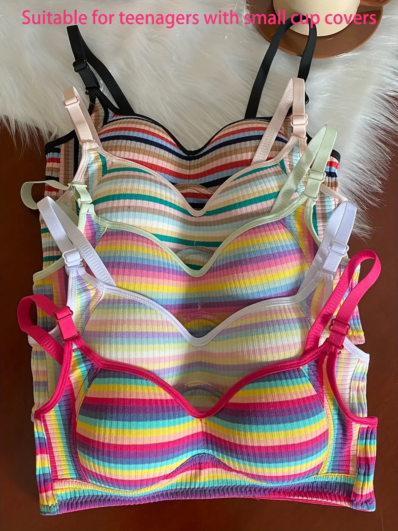 5-Piece Women's Bra Set, Rainbow Stripe Push-Up Design with Adjustable Straps, Supportive Bra for a Comfortable Everyday Fit, Mix Colors, Customized, Colorful