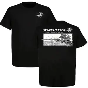 Winchester Repeating Arms T-Shirt – Skeleton Cowboy Graphic Tee, White Cotton Menswear, Western Hunting Shirt, Perfect Gift for Gun & Cowboy Fans.