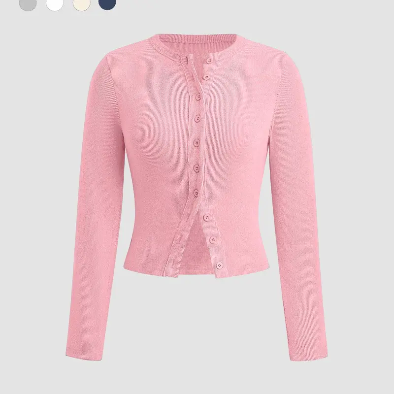 Women's Plain Basic Button Front Ribbed Tee, Casual Womenswear Long Sleeve Round Neck T-Shirt for Spring & Fall, Women's Top for Daily Wear, Casual Fashion Fitted Shirt, Casual Blouse, Casual Blouse Shirts