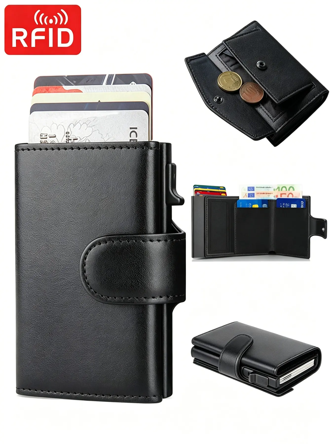 Pop-Up Rfid Theft Proof Leather Wallet for Men, Slim Anti-Scan Card Holder, Snap & Coin Pocket, Compact Minimalist Purse for Everyday Carry