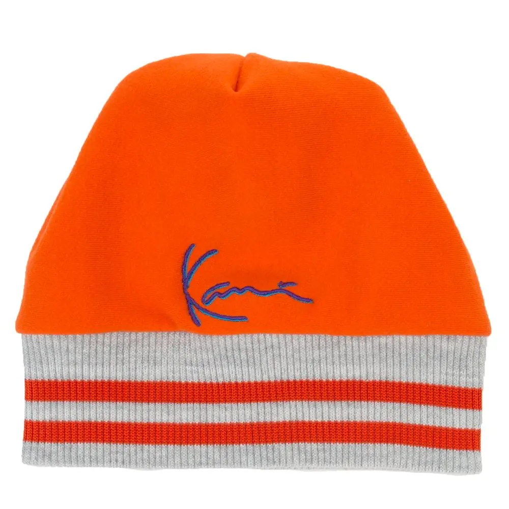 NWT KARL KANI SIGNATURE BEANIE ORANGE with Gray Stripe Signature Logo One Size